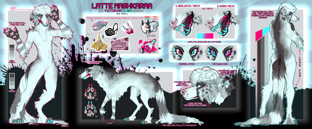 full detailed ref.(front,back,*feral/chibi,head, close-ups,info)